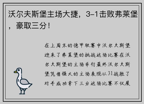 沃尔夫斯堡主场大捷，3-1击败弗莱堡，豪取三分！